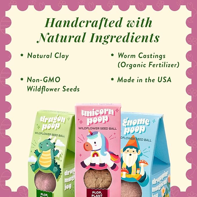 Modern Sprout Wildflower Seed Ball Poop - Easter Basket Essentials - Non-GMO Hand-Rolled Clay Seed Bombs with Wildflower Seeds - Gardening Gift Set for Kids & Adults - (Magical Plop - Pack of 3)