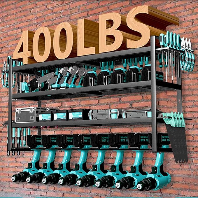 Power Tool Organizer Wall Mount Loads 400lbs, 4 Layers Heavy Duty Tool Organizers and Storage, Cordless Tool Rack with 8 Drills Holder, for Garage Workshop Shed Tool Room Garden