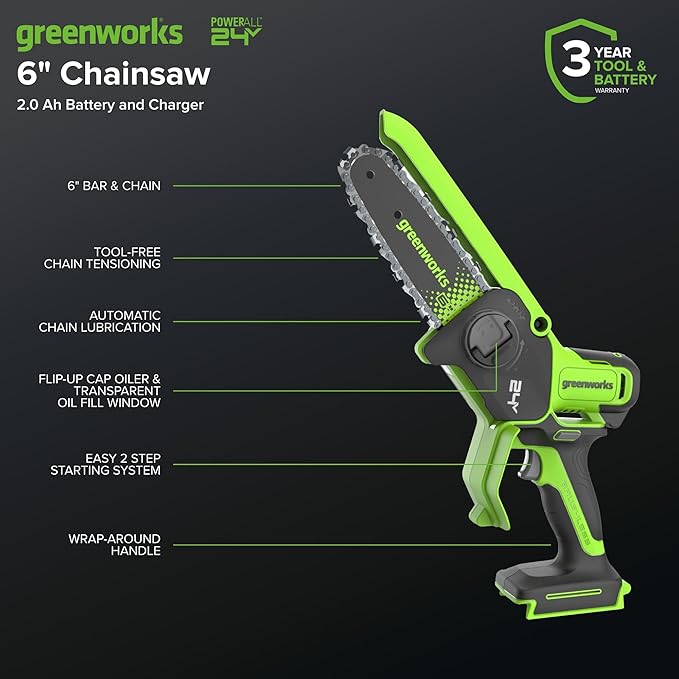 Greenworks 24V 6in BL Pruning Saw w/Auto Oiler, (1) 2.0Ah Battery & 2A Adapter Charger for Tree Trimming and Pruning