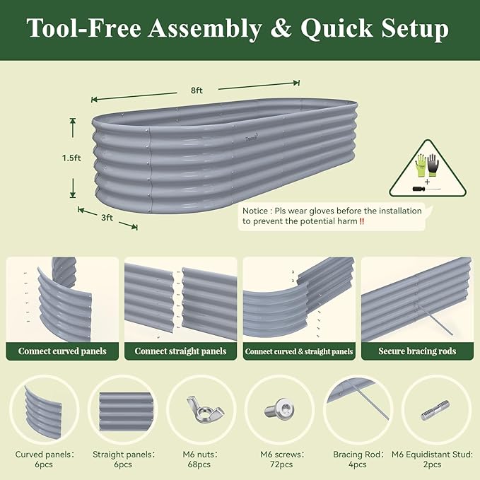 8x3x1.5ft Galvanized Raised Garden Bed, 18" Tall Metal Raised Beds for Gardening, Large Planters Boxes for Outdoor Plants Vegetables, Flowers, Herbs & Tomatoes, Above Ground Garden Beds Kit, Grey