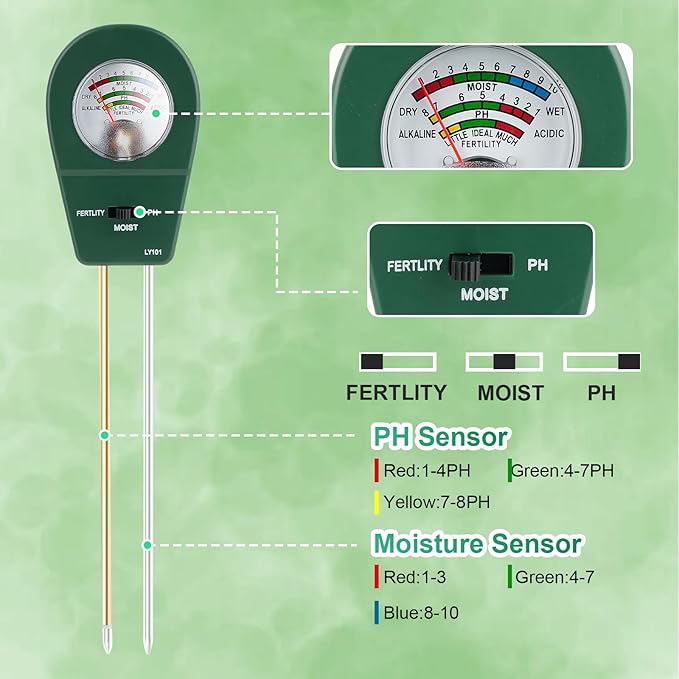 Adoric Soil Meter, 3-in-1 Soil PH/Moisture/Fertility Garden Soil Tester for Plants, Home, Farm, Lawn, Farm, Indoor & Outdoor (No Battery Needed)