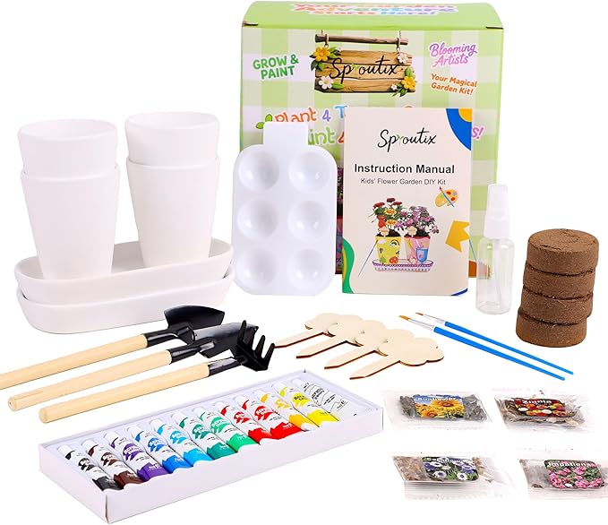 Paint & Plant Flower Growing Kit, Complete Gardening Set with 4 Ceramic Pots, Soils, Seeds and Other Tools, Ideal for Educational Arts and Crafts DIY Gift