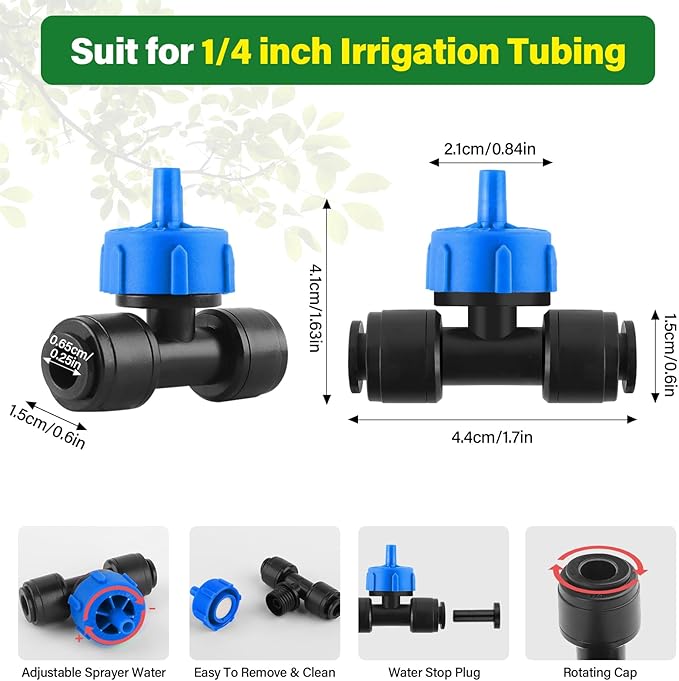Kalolary 30Pcs Push-to-Fit Drip Irrigation Emitters 1 GPH Pressure Compensating Drippers with Constant Water Flow Drip Irrigation System Parts for 1/4 Inch Irrigation Tubing with 6PCS End Plugs (Blue)