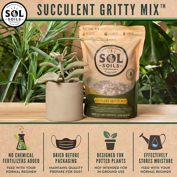 Sol Soils Succulent Gritty Mix - Fast Draining Peat Moss Free Succulent Soil Potting Mix with Coconut Husk Chips, Perlite & Pumice - 1 Quart
