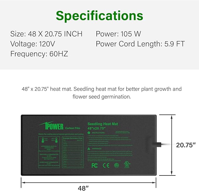 iPower Digital Heat Mat Thermostat Controller and 48" x 20.75" Carbon Film Seeding Warm Hydroponic Pad with Temperature Adjustable Knob