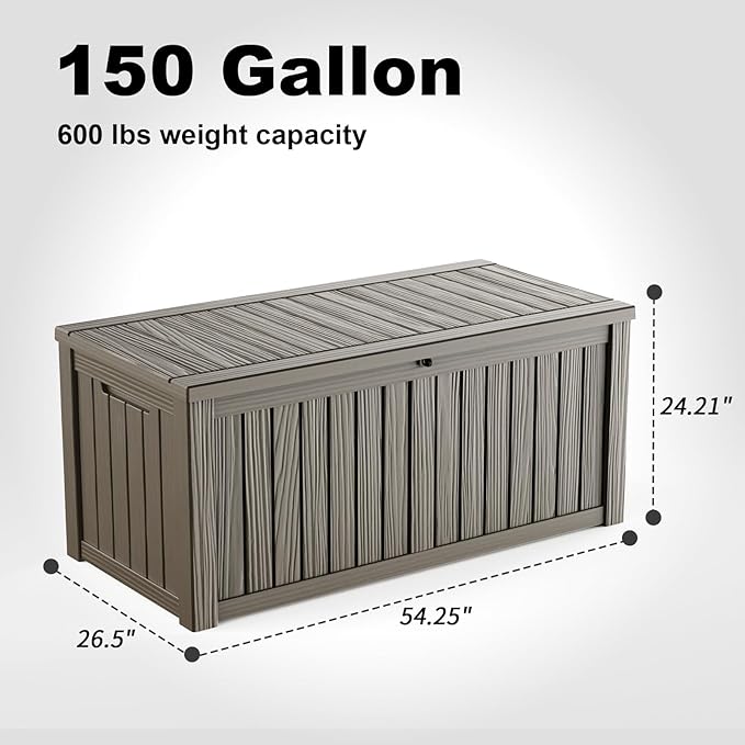 ROJIK 150 Gallon Waterproof Outdoor Deck Storage Box, Lockable Resin Patio Storage Bin with Lid for Garden Tools, Patio Cushions & Outdoor Accessories(Grey)