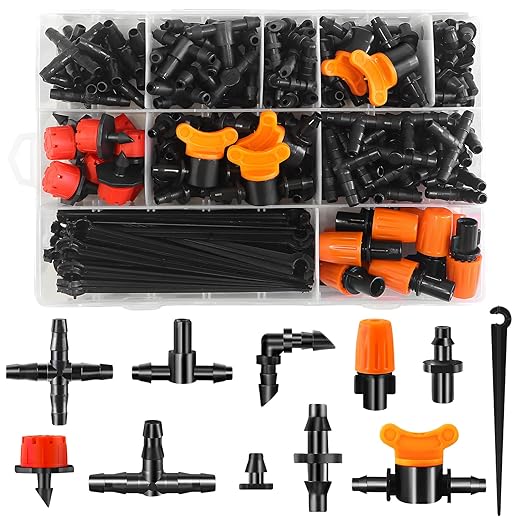 220-Piece Drip Irrigation Fittings Kit for 1/4" Tubing, Complete Set of Drip Barbed Connectors (Nozzle, Micro Dripper, Nozzle Tee, Single Barb, Coupling, Tee, Elbow, Valve, Plug, Cross, Stake)