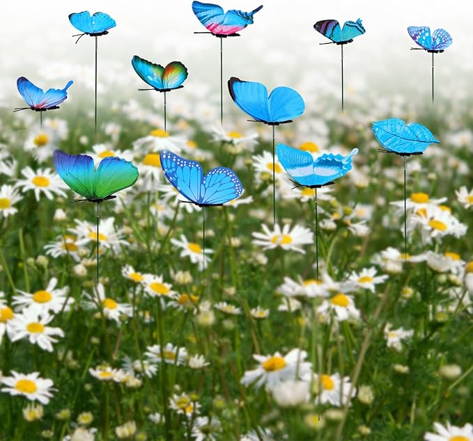 12pcs Decorative Butterfly Plant Stakes, 9.8in Lifelike Butterfly Garden Stakes PVC Waterproof Flower Pot Decorations for Garden Lawn Patio Indoor Outdoor Yard Planter Art Decor (Blue)