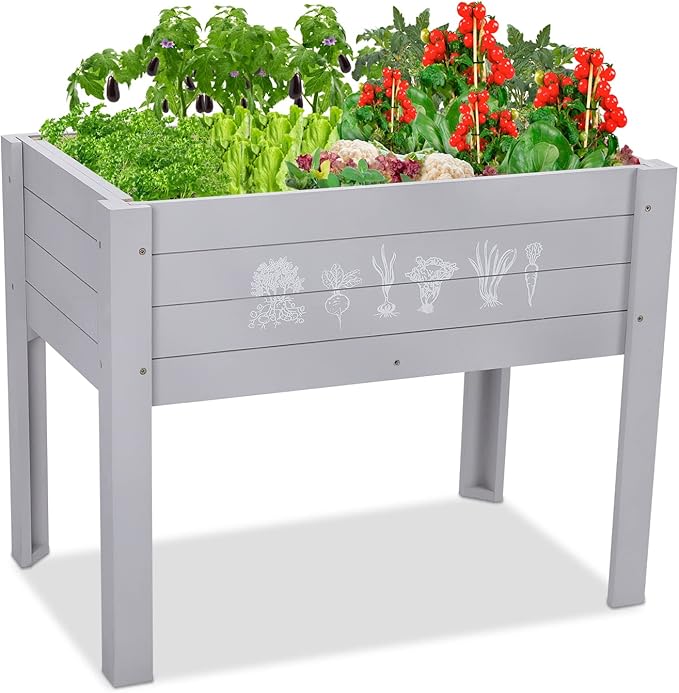 Kids Raised Garden Bed with DIY Chalkboard, 30 x 24 x 18 Inch Wooden Elevated Raised Garden Bed for Kids Outdoor Planter Box with Legs for Vegetables Grass Lawn Yard, Light Blue