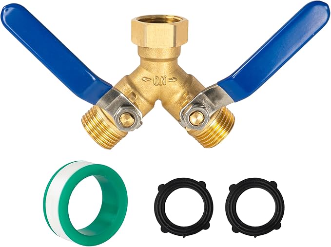 Hourleey Brass Garden Hose Splitter, Y Valve Splitter with Stainless Steel Long Handle, Heavy Duty 2 Way 3/4" GHT Thread Water Garden Hose Adapter