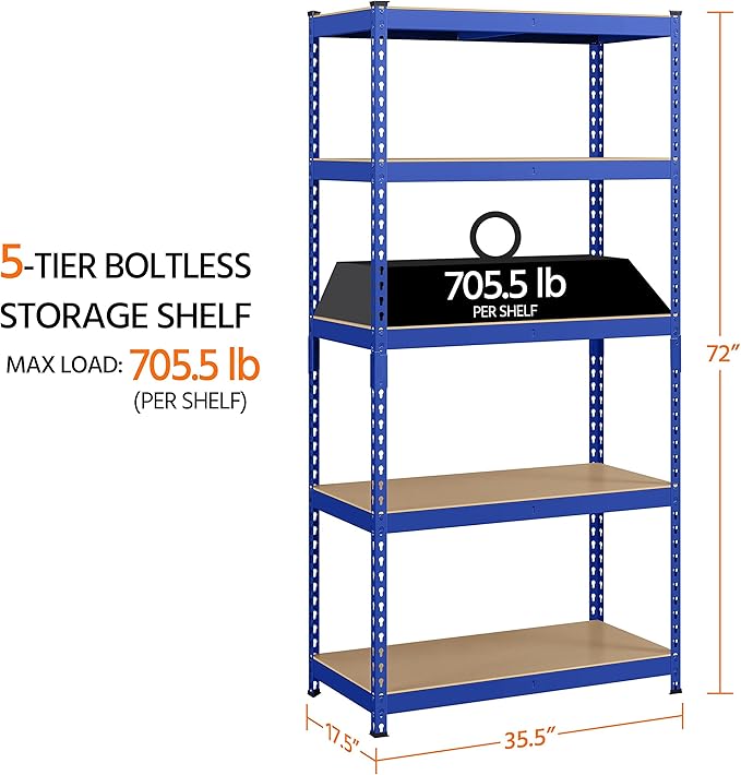 Yaheetech Storage Shelves, 5 Tier Heavy Duty Adjustable Metal Shelving Unit, Industrial Utility Rack for Garage Warehouse Pantry Closet (35.5 W x 17.5 D x 72 H Inches, Blue)