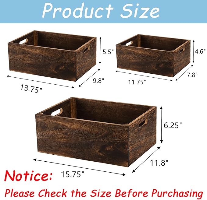 Frcctre Set of 3 Wood Nesting Storage Crates with Handles, Decorative Farmhouse Wooden Crates Storage Containers Rustic Handmade Natural Solid Wood Basket
