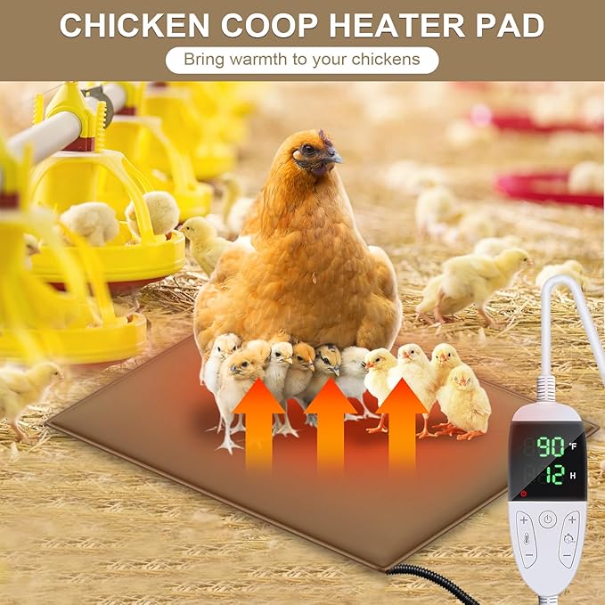 Chicken Heating Pad Chick Brooder Pad Poultry Heated Mat Adjustable Digital Thermostat Brood Heater Warming Blanket with Timer Anti Bite Wire Warmer Bed for Small Animal Pet 15.7 x 23.6 inch