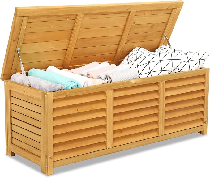 VINGLI 47 Gallon Wood Deck Box, Outdoor Storage Box for Tools, Cushions, Patio Storage Bench Container for Backyard, Porch, Garden (Natural)