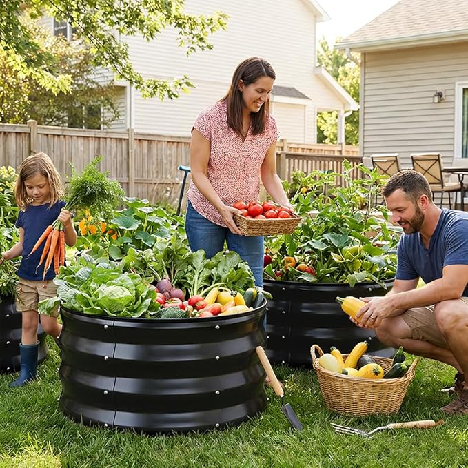 COMHOMA 3 Pack Round Raised Garden Bed 2x2x1ft,Galvanized Metal Planter Box Kit for Outdoor Gardening,Vegetable Flower Herb Growing Beds with Gloves Tools,Black