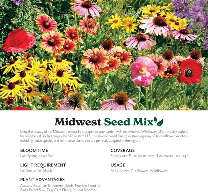 Grow Your Own Vibrant Annual and Perennial Wildflower Garden Seeds Mixture, Varieties for Pollinators and Spring Gardens - Midwest Regional Mix, 50 lbs
