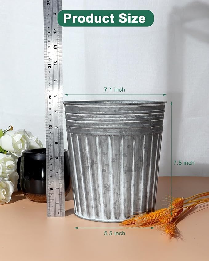 vensovo 7 Inch Silver Metal Rustic Flower Pots - 6Pcs Medium Galvanized Planters with Drainage Hole and Rubber Plug, Rustproof Metal Bucket Plant Pots Farmhouse Vintage Style for Decor