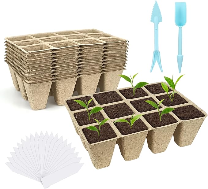 10 Pack Peat Pots, 120 Cells Biodegradable Seedling Starter Trays, Peat Pots for seedlings, Seed Starter Kit for Planting Seeds with 20 Plant Labels for Indoor Outdoor Garden