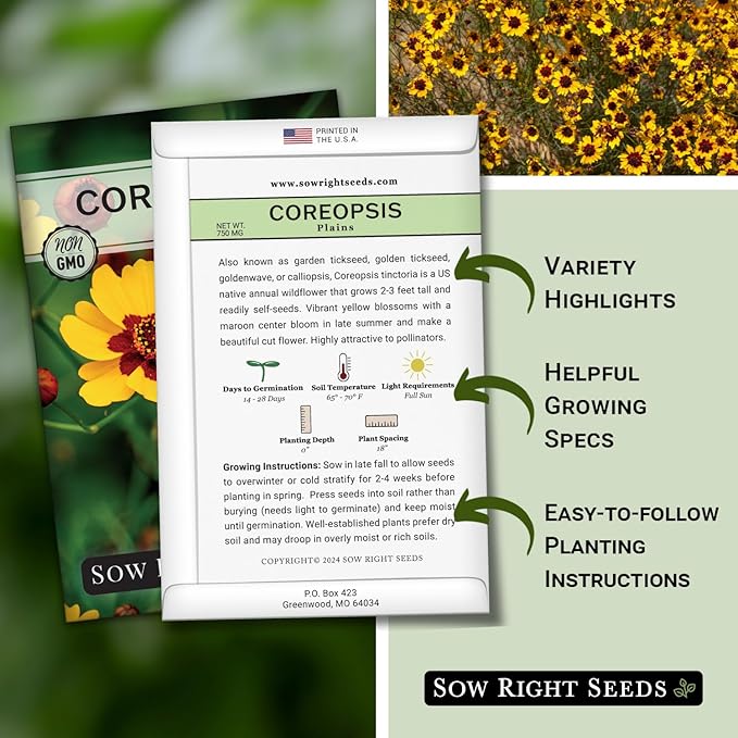 Sow Right Seeds - Plains Coreopsis Seeds - Non-GMO Heirloom Annual Variety - Pollinator Friendly, Drought Tolerant Flowers - Easy to Grow Tickseed - Ideal for Gardens, Borders, Wildflower Areas (2)