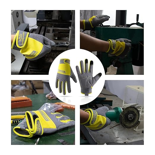 HANDLANDY Work Gloves Mens & Women, Utility Safety Mechanic Working Gloves Touch Screen, Flexible Breathable Yard Work Gloves (XX-Large, Grey&Yellow)