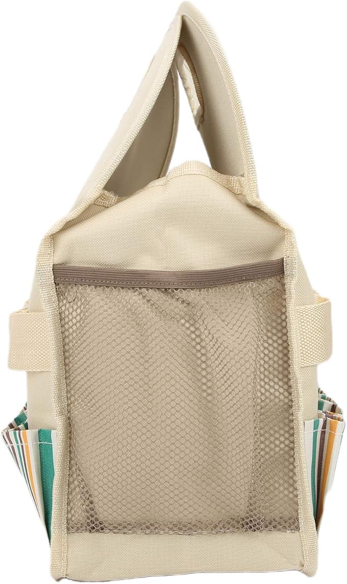 Large Capacity Multifunctional Garden Tool Bag with PE Board 600D Oxford Camping Storage Organizer 10 Pockets Beige Stripe