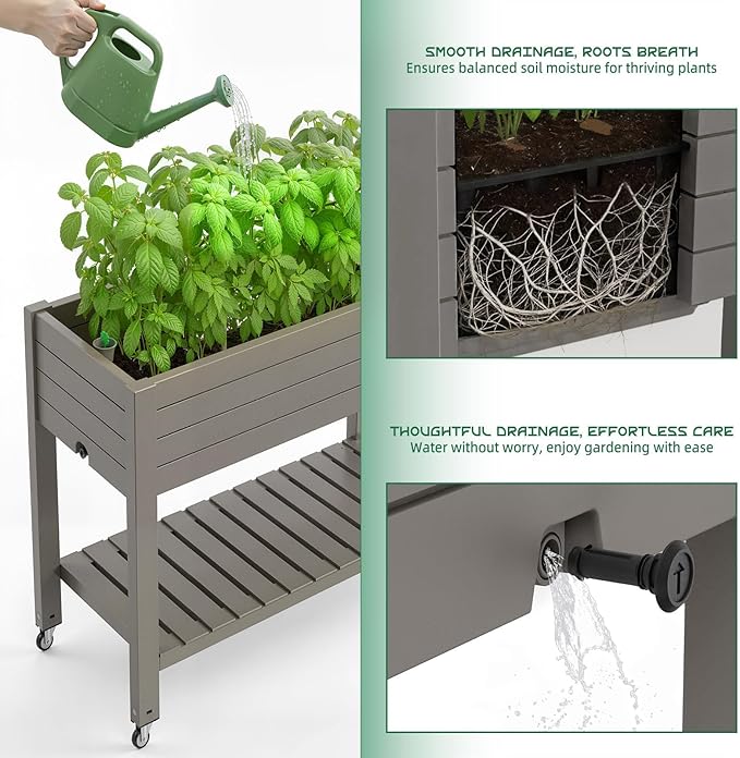 EasyUp 21 Gallon Raised Garden Bed with Wheels, Elevated Planter with Storage Shelf, Weatherproof Mobile Garden Box for Patio Balcony Vegetables & Flowers (Brown)