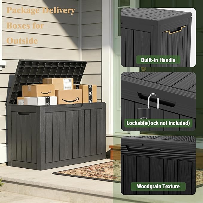 Outdoor Storage Box Deck Box, 50 Gallon Waterproof Deck Boxes, Package Delivery Boxes for Outside, Resin, Lockable Patio Storage Bins for Garden Tool, Cushion, Pool, Porch, Weatherproof & UV-Resistant