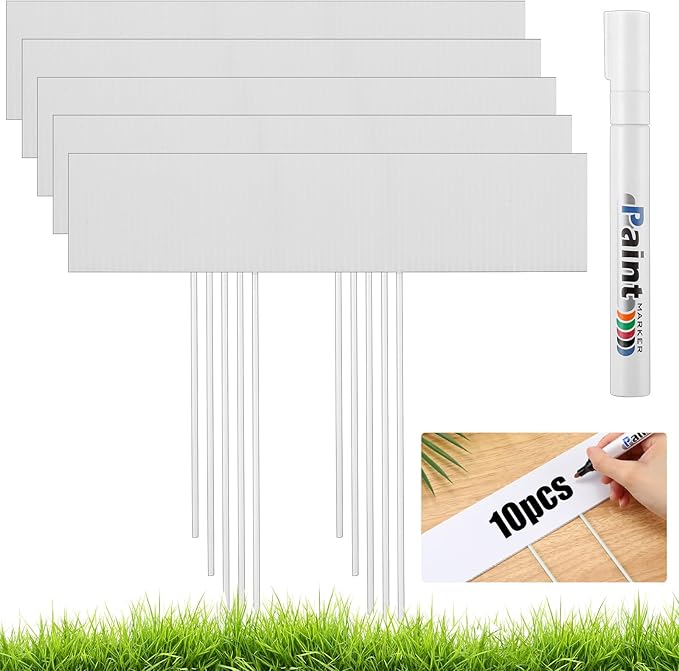 10 Set Jumbo Outdoor Plant Label Stakes Waterproof Nursery Garden Markers Plastic T Type Plant Tag Identification Stake with Marker Pen for Herb Vegetable Flowers, 12" High(White)