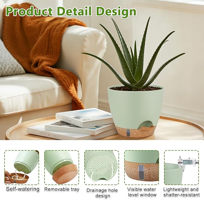 QRRICA Plant Pots 8/7/6.5/6/5.5/5 Inch Self Watering Pots, with Drainage Holes and Saucers,Water Level Indicator & Deep Reservoir,Large Plastic Planter for Indoor Out Door Plants (Green)