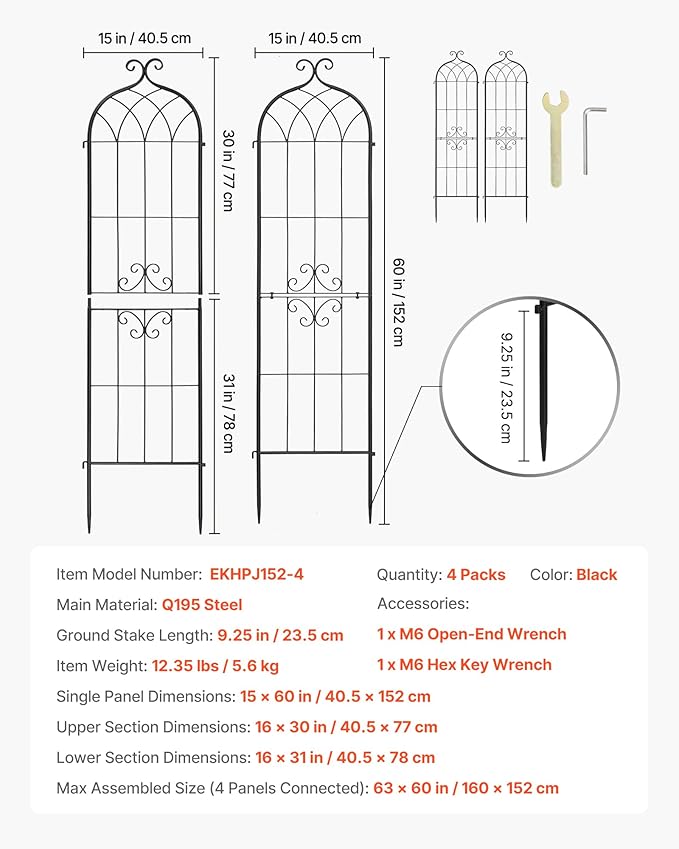 VEVOR Garden Trellis, 60 x 15 inch Rose Trellis, 4 Packs Garden Flower Rose Trellises with Powder-Coated Finish & Convenient Locking Design, Plant Support Trellises for Flowers, Vegetables, Roses