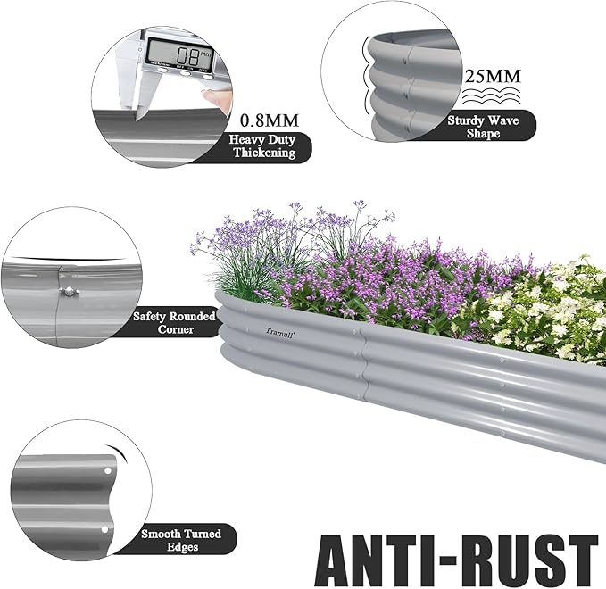 1 Pack 12x2x1FT Galvanized Raised Garden Bed Kit Oval Metal Ground Planter Box Outdoor Bottomless Planter Raised Beds for Vegetables Flowers Herbs Fruits, Gray