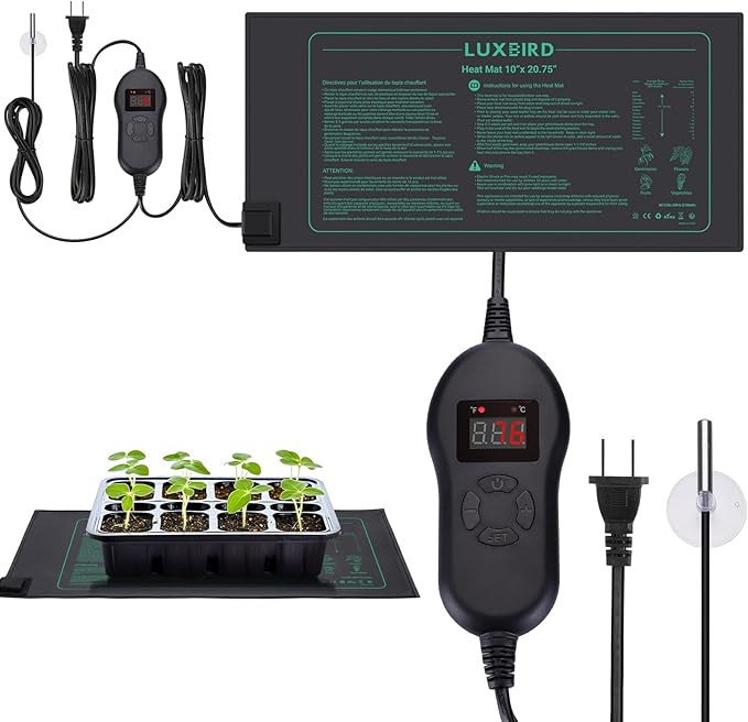 LUXBIRD Plant Heating Mat with Thermostat, Timing Function, Indoor Greenhouse Heat Mat, Heating Mat, 10"x20.75", 30 Watt (1 Pack)