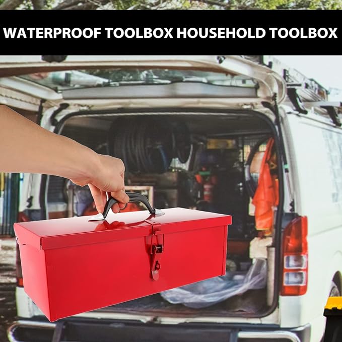 DOITOOL Red Metal Tool Box Iron Sheet Tool Box Metal Toolbox Red Tool Storage Case Lockable, Multi-function Tool Organizer, 15.3X6.2X5.1inch