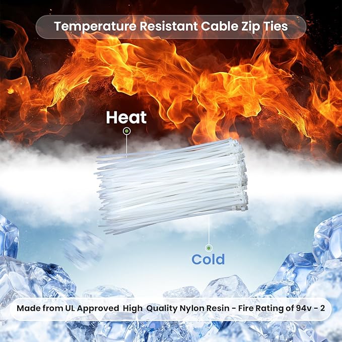 NIRAH White Zip Ties 8 inch (100 Pack), 18 lbs Tensile Strength. Self-locking Nylon Cable Ties, Wire Ties, Clear Zip Ties for Indoors, Outdoors, Dry or Wet Use