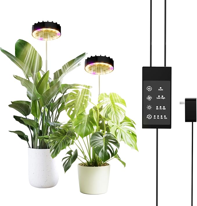 Grow Lights for Indoor Plants,Clip on Full Spectrum Led Plant Grow Light with Integrated Circulating Fan, Timer and Dimmable (Black Ajustable, 2 Packs)