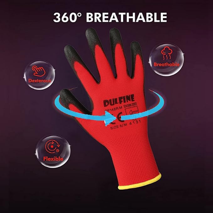 Safety Work Gloves PU Coated-12 Pairs,Red Seamless Knit Glove with Polyurethane Coated Smooth Grip on Palm & Fingers, for Men and Women, Ideal for General Duty Work (Large)