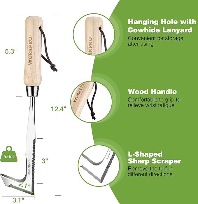 WORKPRO Crack Weeder, 12" Stainless Steel Crevice Weeding Tool with Ash Wooden Handle, L-Shaped Side-Walk Weed Puller Spatula, for Garden Lawn Yard Patio Terrace Paving Moss Garden Tool