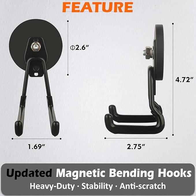 MUTUACTOR Upgraded Strong Magnetic Hooks,2-Pack Powerful Magnetic Hook Heavy Duty,20lbs Anti-Scratch Garage Storage Hangers for Hanging Cordless Impact Drivers Trailer Cord Shovels