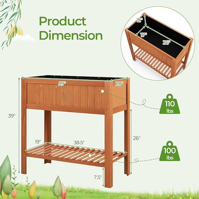 Giantex Raised Garden Bed Outdoor, Elevated Fir Wood Garden Box with Legs, Bottom Storage Shelf & Protective Liner, Planter Raised Bed for Gardening, Fruit, Vegetables, Herbs, 39" Lx20 Wx39 H