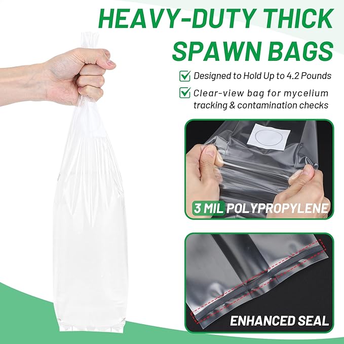 GREANER Mushroom Grow Bags 3 Mil, 4"x3"x20" Thick Autoclave Spawn Bags with Injection Port for Your Grain-50PCS