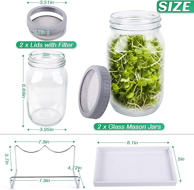 Kikerike Seed Sprouting Jar Kit with 2 Wide Mouth Mason Jars Bean Sprouts Growing Kit Microgreens Growing Jar with Mesh Screen Lids Sprouter Sprouts Maker for Growing Broccoli, Alfalfa, Mung Bean