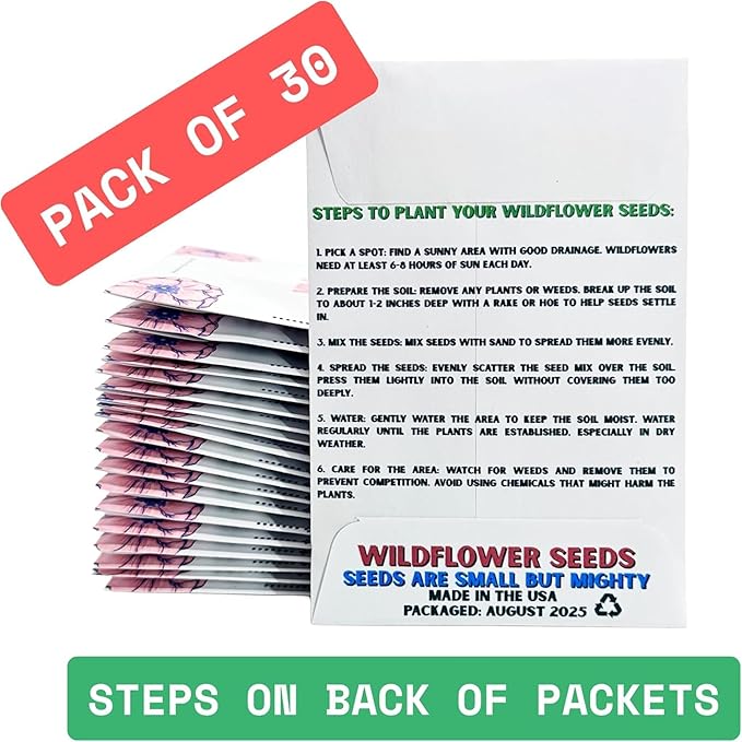 Wildflower Seed Packets Bee Kind Party Favors (Pack of 30) - Bee Friendly & Pollinator Wildflower Seed for Planting Gardening (Wildflower Pollinator Mix)