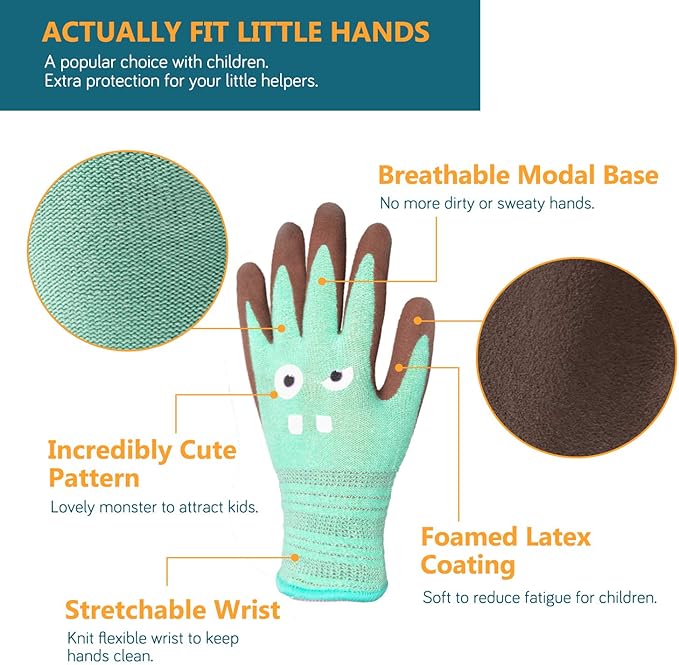 COOLJOB 2 Pairs Modal Toddler Work Gloves Ages 6-8, Rubber Coated Kids Gardening Gloves for Children, Ultra Soft Skin-friendly (Little Monster Series, Medium M)