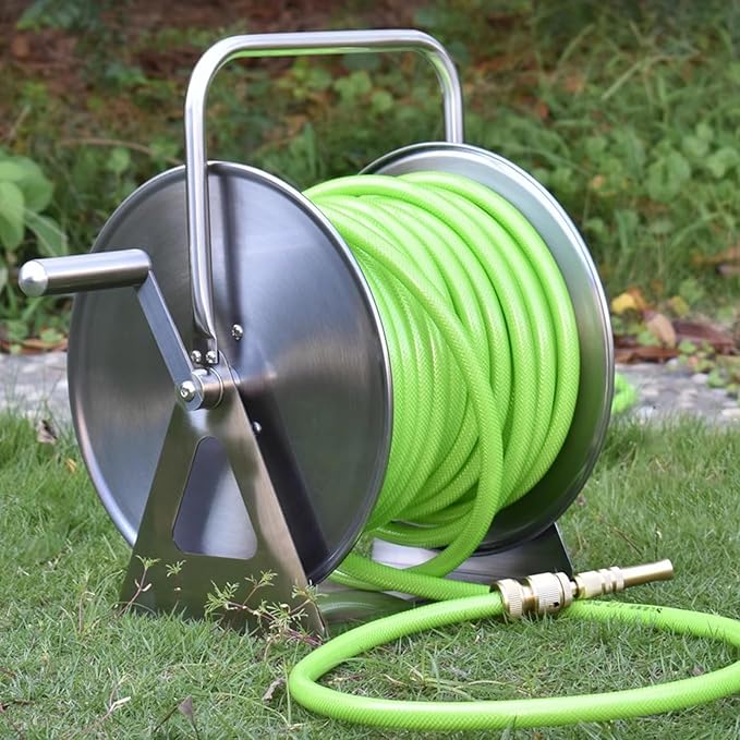 Stainless Steel Garden Hose Reel - Wall/Floor Mounted Metal Water Hose Holder, Heavy Duty Portable Outdoor Water Hose Reel for Lawn & Car Washing Storage