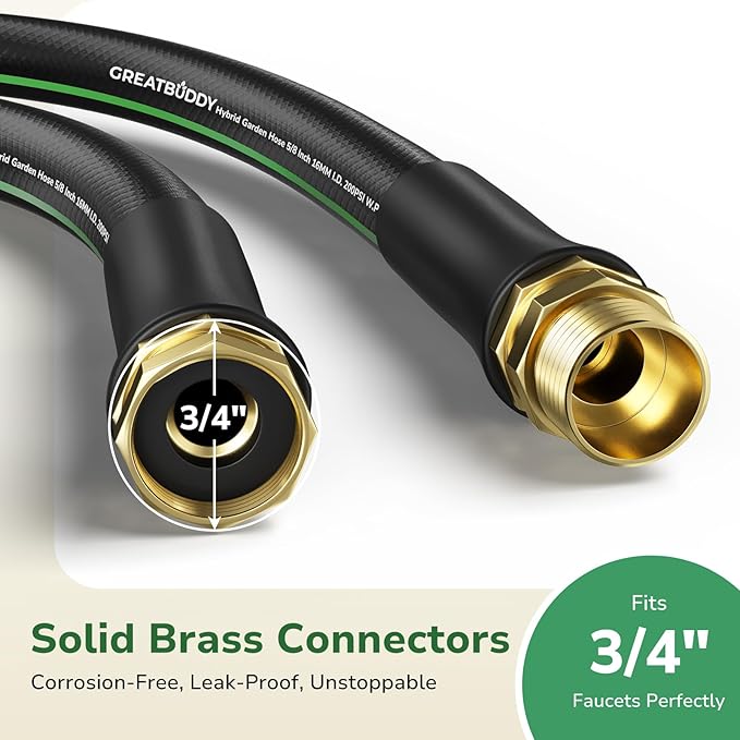 GreatBuddy Garden Hose 10ft, 5/8" Water Hose Heavy Duty, Flexible, Lightweight Hybrid Hose, Burst 600 PSI with Solid Brass Male to Female Fittings Leakproof Hose for Backyard, Garden