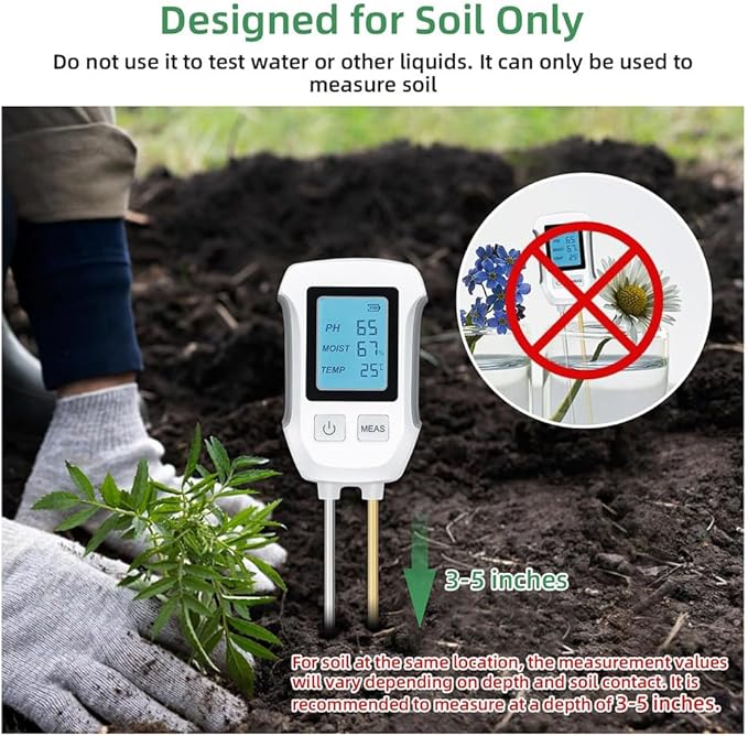 3 in 1 Soil Tester, Ph, Humidity and Temperature Measurement, Backlit Display, 10 Second Test Time, Suitable for Gardening, Lawn, Agriculture, Battery Not Included