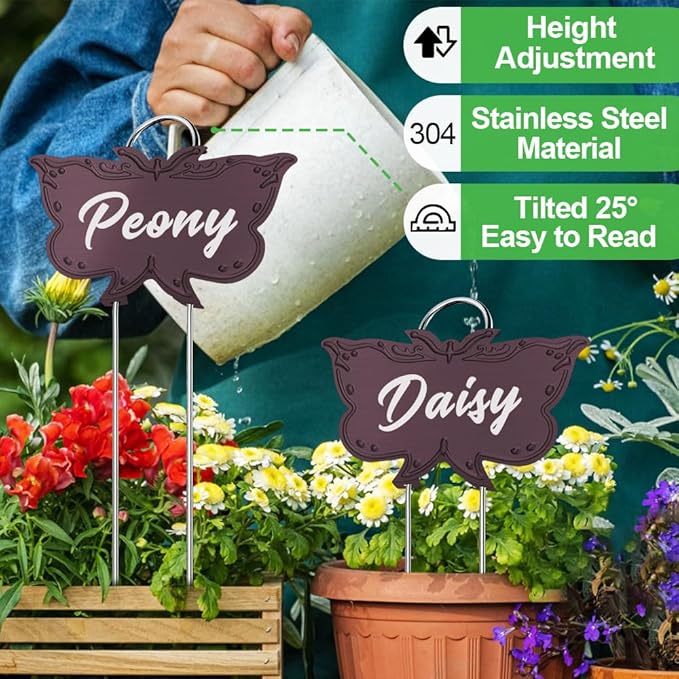 Metal Plant Labels, Tall Outdoor Butterfly Garden Markers for Flowers, Fruits and Vegetables, 304 Stainless Steel Weatherproof Signs (25 Packs, 4" x 2.3", Purplish Red Butterfly Design)