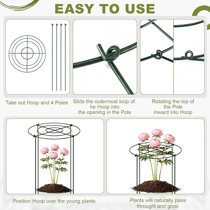 Geelin 15 Pack 12'' x 24'' Peony Cages and Supports Grow Through Metal Plant Supports Frame Rings Hoops for Outdoor Plants Peony Flowers Tomato Rose (Green)