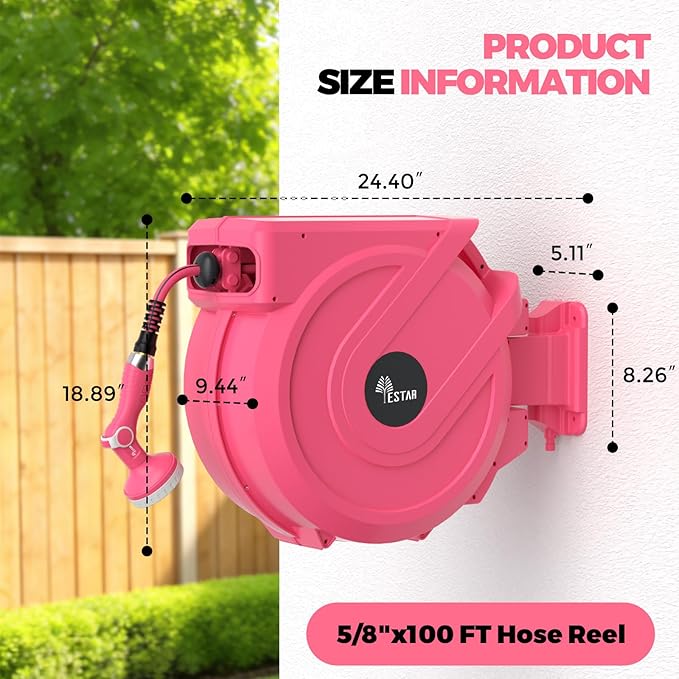 Retractable Garden Hose Reel 5/8 in x100 ft, Heavy Duty Wall Mounted Hose Reel with 10- Function Sprayer Nozzle, Any Length Lock/Automatic Slow Return System,180° Swivel Bracket