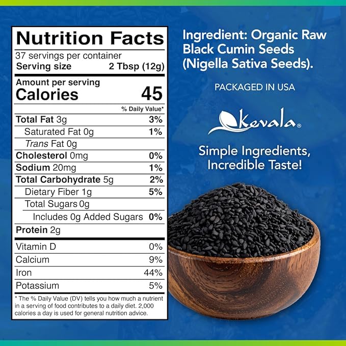 Kevala Organic Raw Black Cumin Seeds (Nigella Sativa) - Gluten Free Seasoning for Salads, Vegan Option for a Variety of Diets, For Healthy Cooking in Restaurants, Kitchen Staple, 1lb, 16 oz